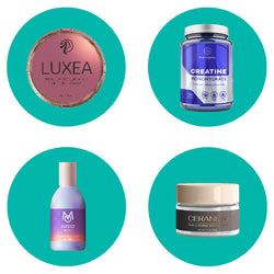 A group of four images: Cosmetic cream container, creatine powder container, bronzing oil container, facial moisturizer container