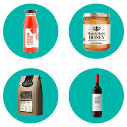 A group of four images: Orange mango glass drink, honey in glass container, espresso beans in paper packaging, bottle of pinot wine