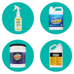 A group of four images: Cleaning vinegar spray, Tile cream jug, granite polishing powder container, granite polish container