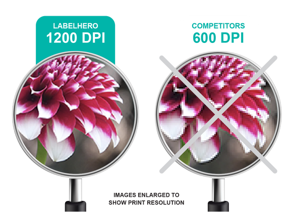 Visual comparision of print resolution using the petals of a flower: LabelHero-1200 dpi vs competitors-600 dpi