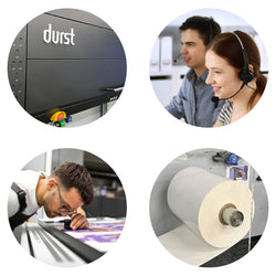 A group of four images: Digital printer, service representatives, person checking printed labels, a new roll of BOPP substrate