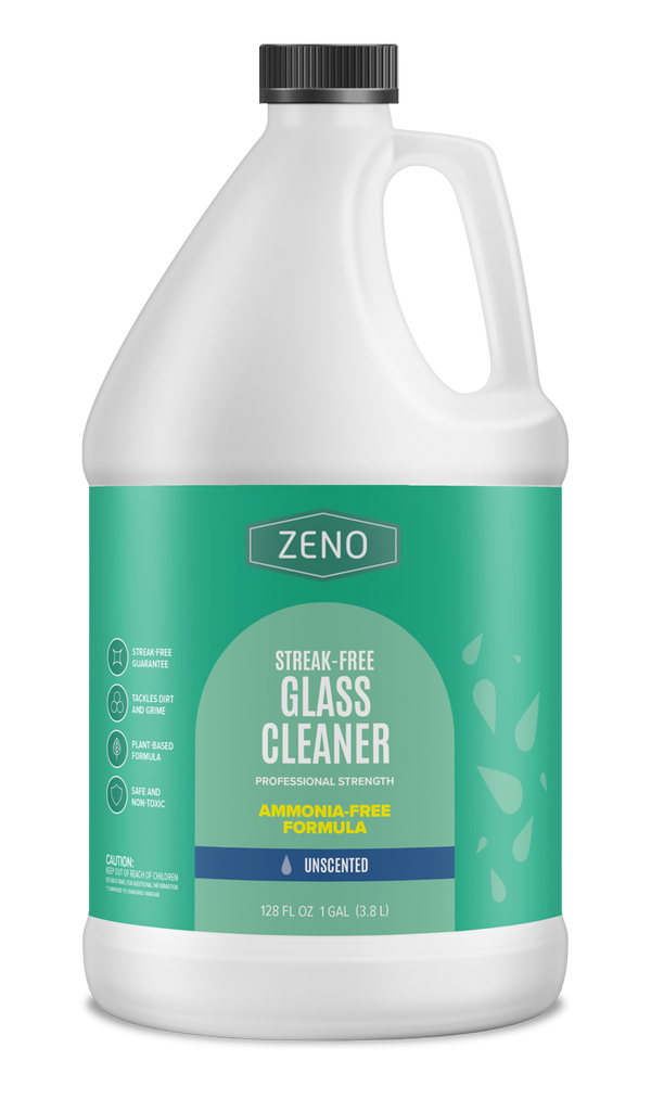 A glass cleaner in a one gallon plastic jug with a laminated label