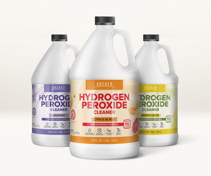 Three hydrogen peroxide products in one gallon plastic jugs with laminated labels