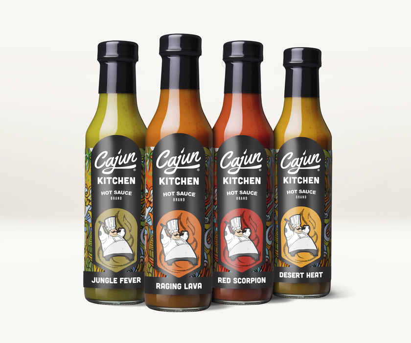 A group of four hot sauces flavors presenting variations on a main label design